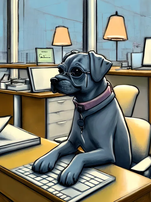 Prompt: chalk pastel style of a  detailed dog typing at a desk in a modern office, sketch, detailed background, highres, fun atmosphere, natural lighting,  abstract, fun