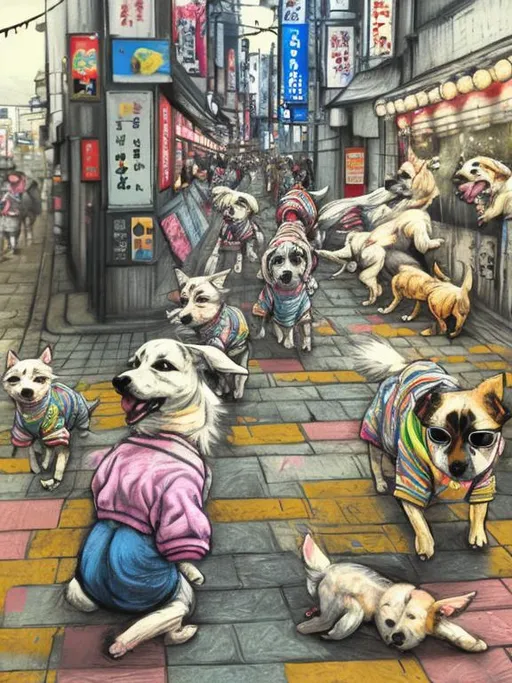 Prompt: pop art chalk pastel art of detailed dogs wearing clothes playing in the streets in japan during a festival, sketch, detailed background, highres, fun atmosphere, natural lighting,  abstract, fun