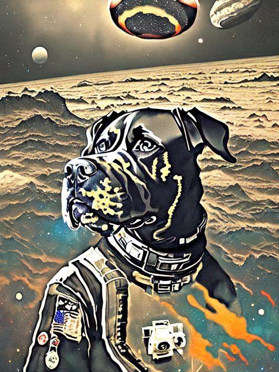 Prompt: Surrealism black dogs in cowboy outfits in space, abstract art style, cowboy hat, fun atmosphere, floating celestial bodies, mysterious nebulae, dreamlike, surreal, high contrast, otherworldly, abstract, space, astronaut, fun atmosphere, celestial bodies, dreamlike, surreal, high contrast, mysterious, nebulae, dogs, Pro trump clothing