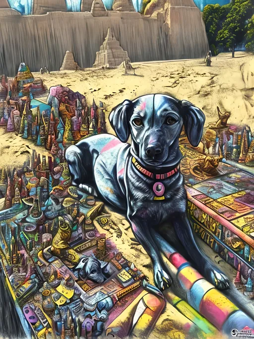 Prompt: pop art chalk pastel art of detailed dog as the sphinx in toyko, sketch, detailed background, highres, fun atmosphere, natural lighting,  abstract, fun