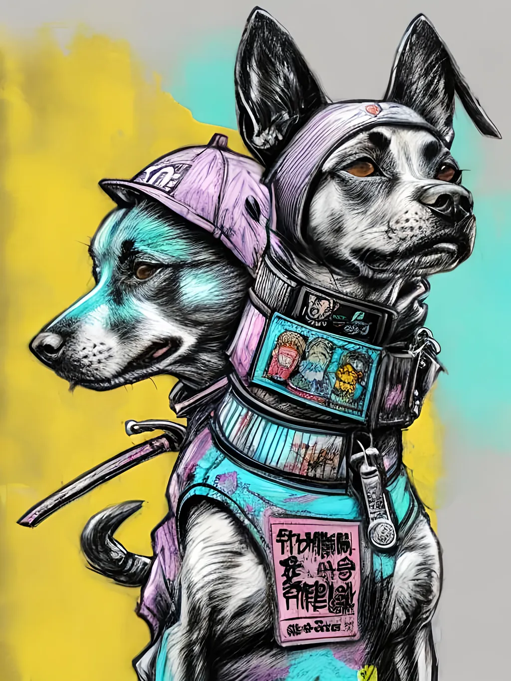 Prompt: pop art chalk pastel art of detailed dogs wearing gangster clothes playing in the streets in cyberpunk japan during a festival, sketch, detailed background, highres, fun atmosphere, natural lighting,  abstract, fun