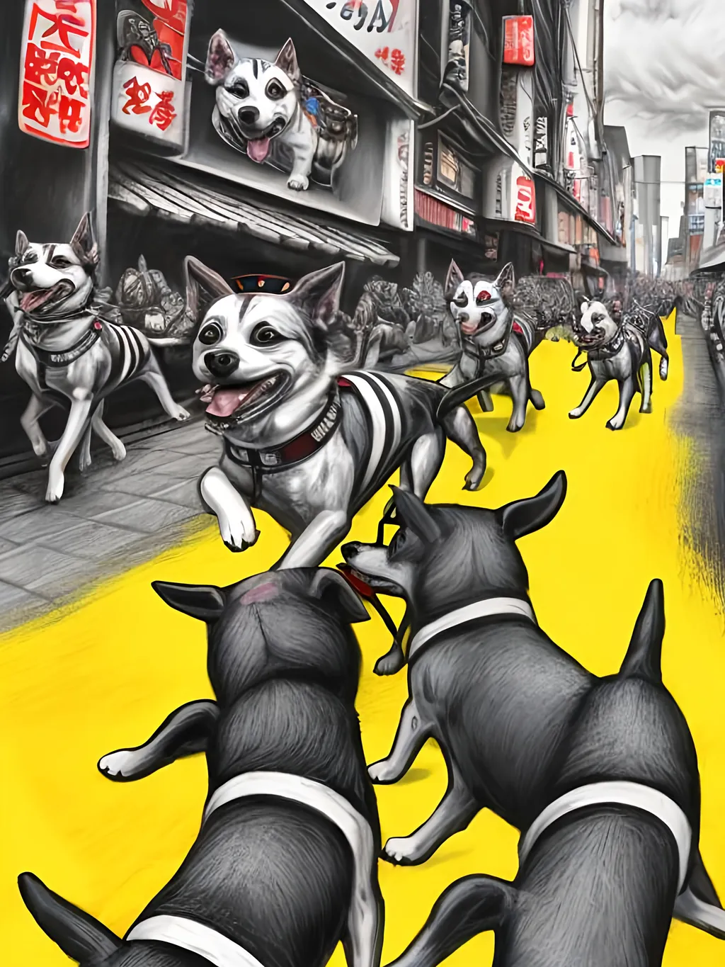 Prompt: pop art chalk pastel art of detailed dogs wearing nazi uniforms playing in the streets in japan during a festival, sketch, detailed background, highres, fun atmosphere, natural lighting,  abstract, fun