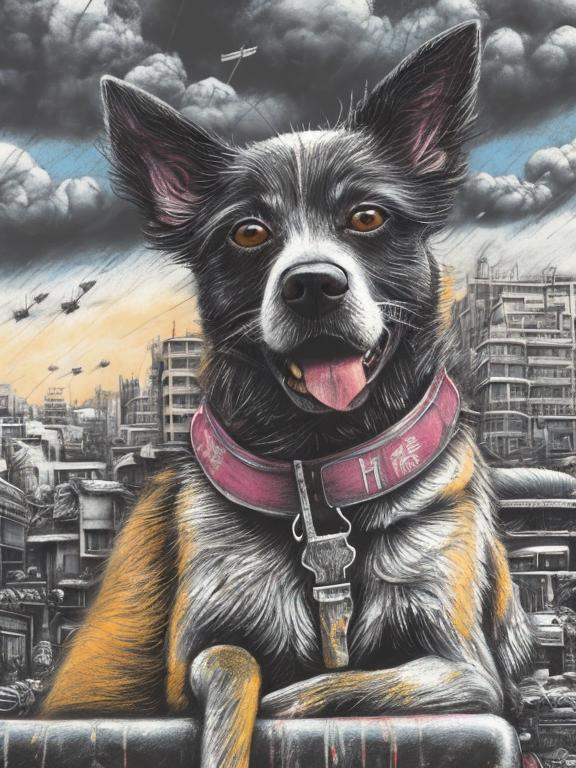 Prompt: pop art chalk pastel art of a detailed dog on the streets in post-apocalyptic Japan during a festival with planes in the background, sketch, detailed background, highres, fun atmosphere, natural lighting,  abstract, fun