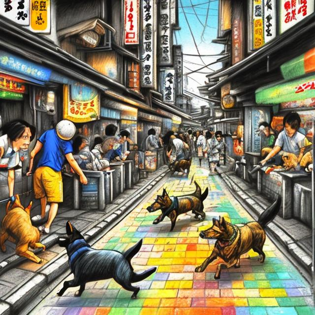 Prompt: pop art chalk pastel art of detailed dogs playing in the streets in japan during a festival, sketch, detailed background, highres, fun atmosphere, natural lighting, pastel colors, abstract, fun