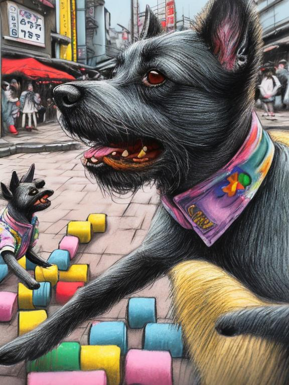 Prompt: pop art chalk pastel art of detailed dogs wearing clothes playing in the streets in japan during a festival, sketch, detailed background, highres, fun atmosphere, natural lighting,  abstract, fun