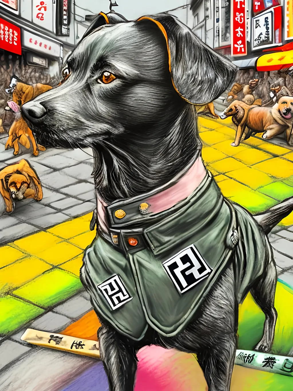 Prompt: pop art chalk pastel art of detailed dogs wearing nazi uniforms playing in the streets in japan during a festival, sketch, detailed background, highres, fun atmosphere, natural lighting,  abstract, fun