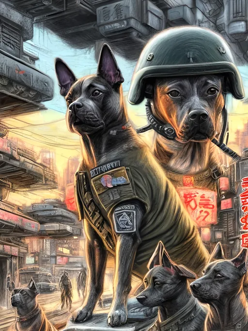 Prompt: chalk pastel art of a detailed dogs wearing military uniforms on the streets in cyberpunk japan during a festival with planes in the background, sketch, detailed background, highres, fun atmosphere, natural lighting,  abstract, fun