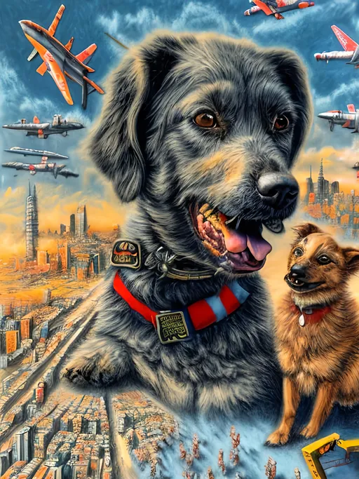 Prompt: Detailed chalk pastel of a dogs in soldier uniforms, detailed background of tokyo japan with airplanes, highres, natural lighting, happy, fun, lively atmosphere, punk