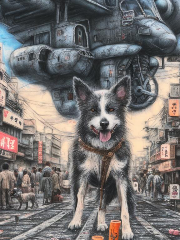 Prompt: chalk pastel art of a detailed dog on the streets in post-apocalyptic Japan during a festival with planes in the background, sketch, detailed background, highres, fun atmosphere, natural lighting,  abstract, fun