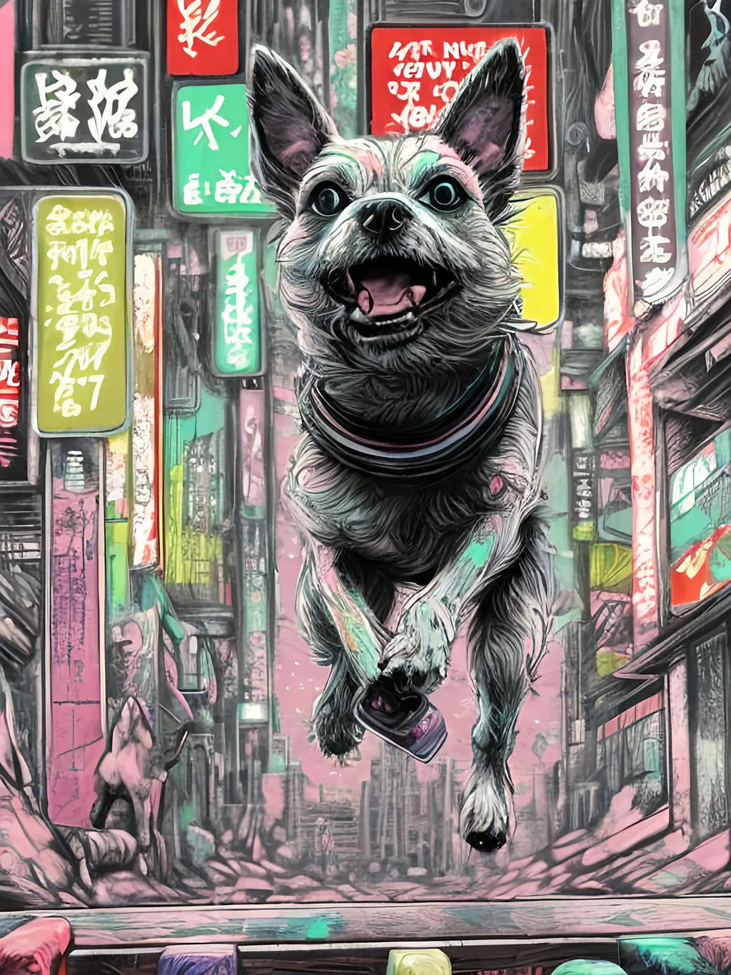 Prompt: pop art chalk pastel art of detailed dog doing parkour in cyberpunk japan during a festival, sketch, detailed background, highres, fun atmosphere, natural lighting,  abstract, fun