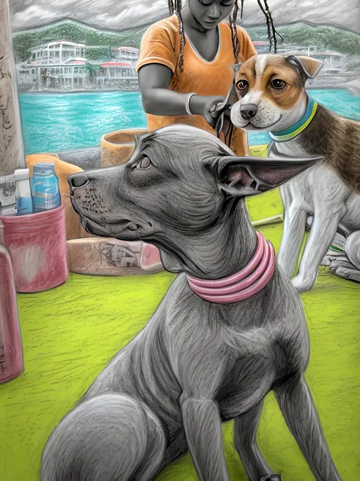 Prompt: chalk pastel style of a  detailed dog getting its hair braided in Jamaica, sketch, detailed background, highres, fun atmosphere, natural lighting,  abstract, fun