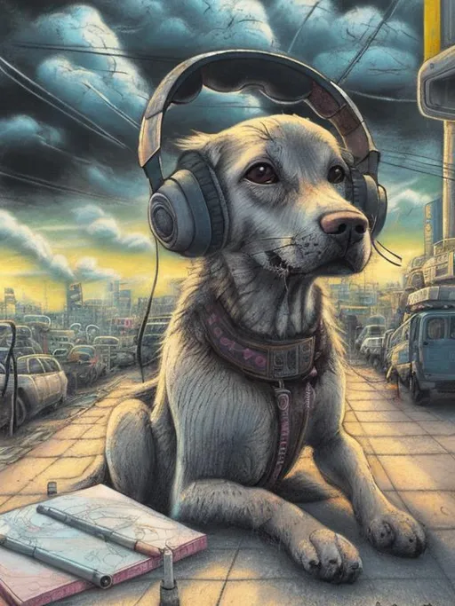 Prompt: chalk pastel art of a detailed dog listening to music on the streets in post-apocalyptic Japan during a festival with planes in the background, sketch, detailed background, highres, fun atmosphere, natural lighting,  abstract, fun