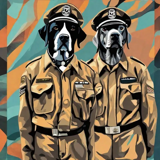Prompt: mountain cur black dogs in pilot uniform abstract art 90s poster