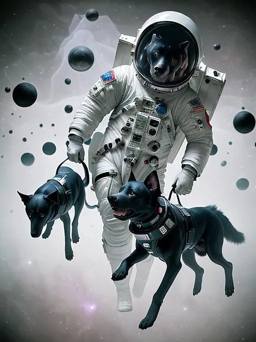 Prompt: Surrealism black dogs in astronaut outfits in space, abstract art style, eerie atmosphere, floating celestial bodies, mysterious nebulae, dreamlike, surreal, high contrast, otherworldly, abstract, space, astronaut, eerie atmosphere, celestial bodies, dreamlike, surreal, high contrast, mysterious, nebulae, dogs