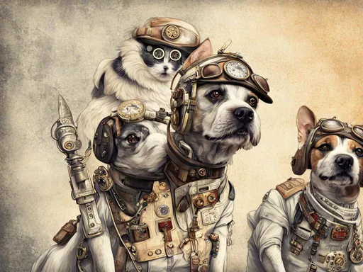 Prompt: steampunk yakuza dogs dressed in pilot clothes