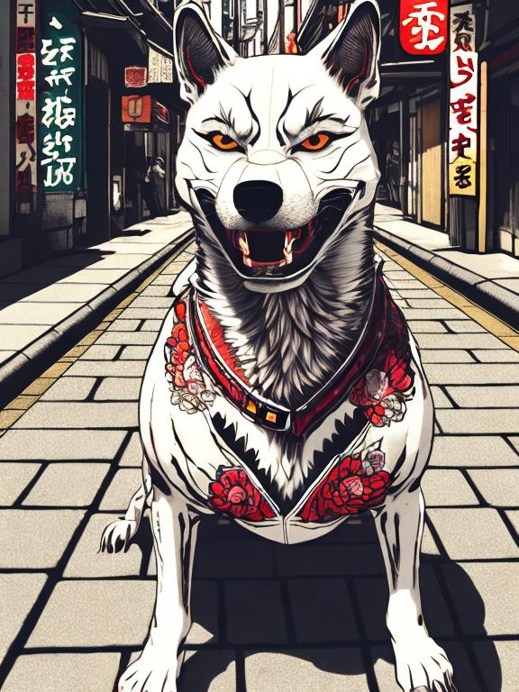 Prompt: pop art chalk pastel style of a detailed yakuza dog in the streets in japan during a festival, sketch, detailed background, highres, fun atmosphere, natural lighting,  abstract, fun