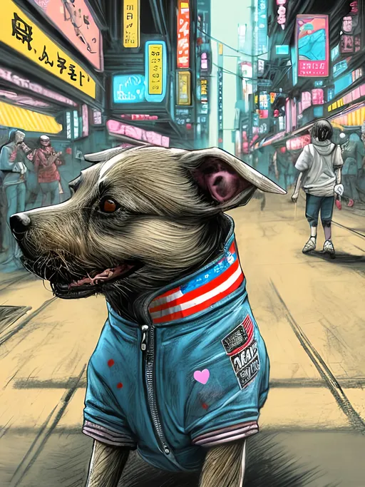 Prompt: pop art chalk pastel art of detailed dog wearing USA clothes playing in the streets in cyberpunk japan during a festival, sketch, detailed background, highres, fun atmosphere, natural lighting,  abstract, fun