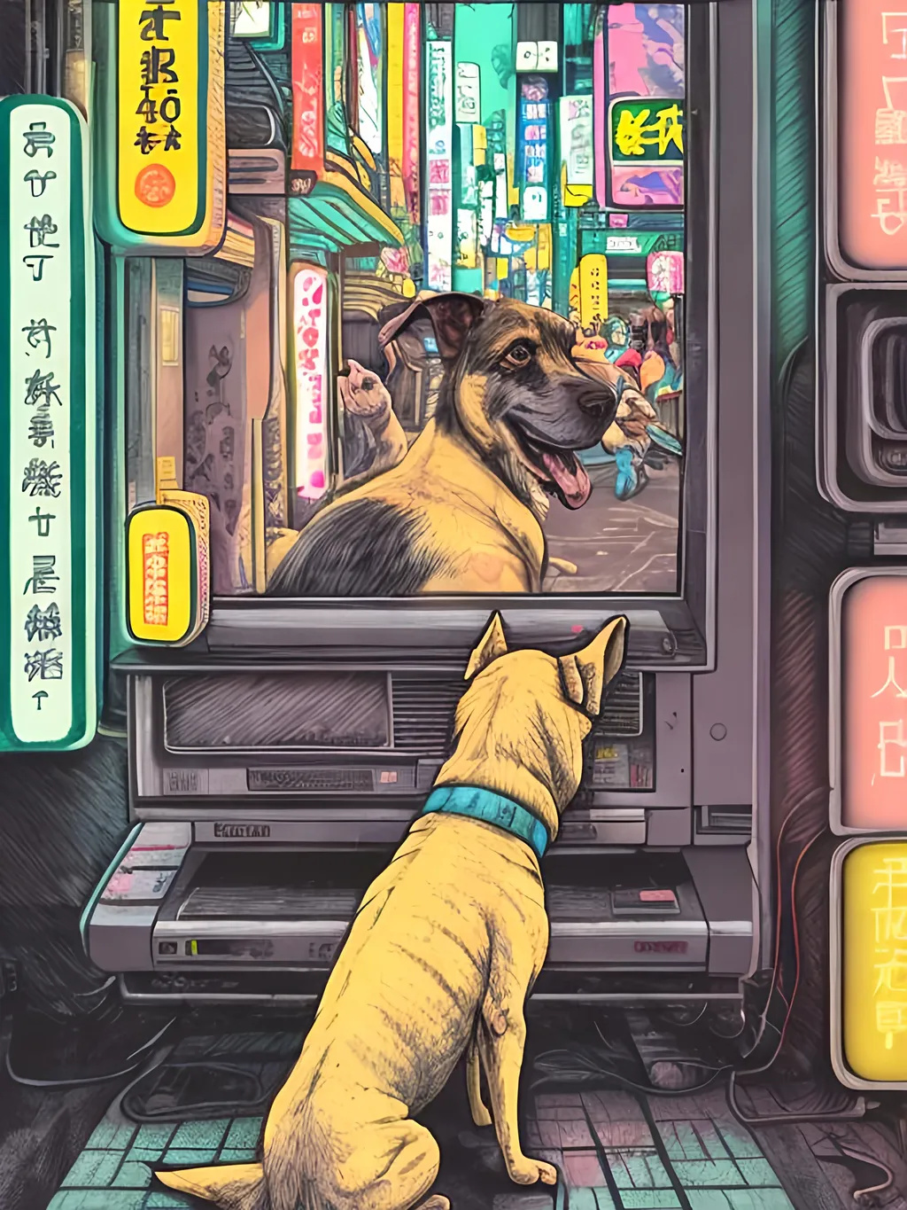 Prompt: pop art chalk pastel art of detailed dog watching tv in the streets in cyberpunk japan during a festival, sketch, detailed background, highres, fun atmosphere, natural lighting,  abstract, fun