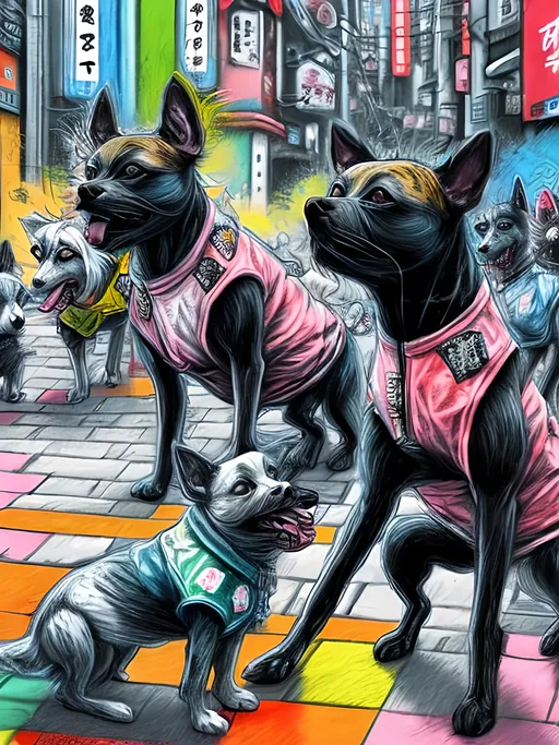 Prompt: pop art chalk pastel art of detailed dogs wearing gangster clothes playing in the streets in japan during a festival, sketch, detailed background, highres, fun atmosphere, natural lighting,  abstract, fun