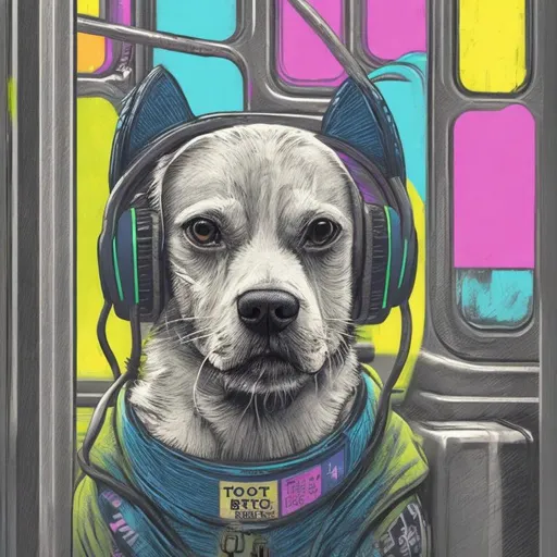 Prompt: pop art chalk pastel art of a detailed dog listening to music on the subway train in cyberpunk japan with planes in the background, sketch, detailed background, highres, fun atmosphere, natural lighting,  abstract, fun