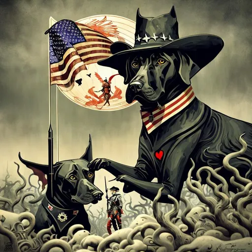 Prompt: Art Nouveau, surreal art of black dogs in patriotic soldier outfits, cowboy hat, in a battle field, high contrast, dreamlike, otherworldly, fun atmosphere, mysterious, professional art, abstract, vibrant colors, atmospheric lighting, USA, surreal style, vibrant, high-quality