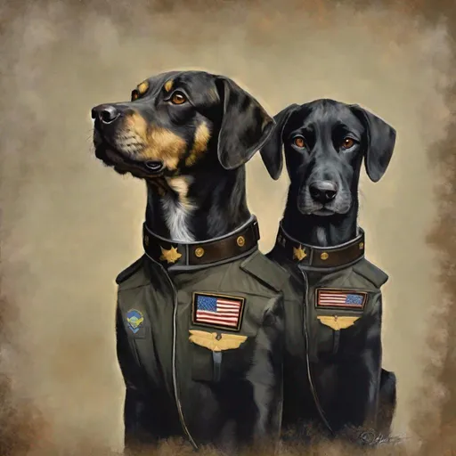 Prompt: mountain cur black dogs in pilots uniform art