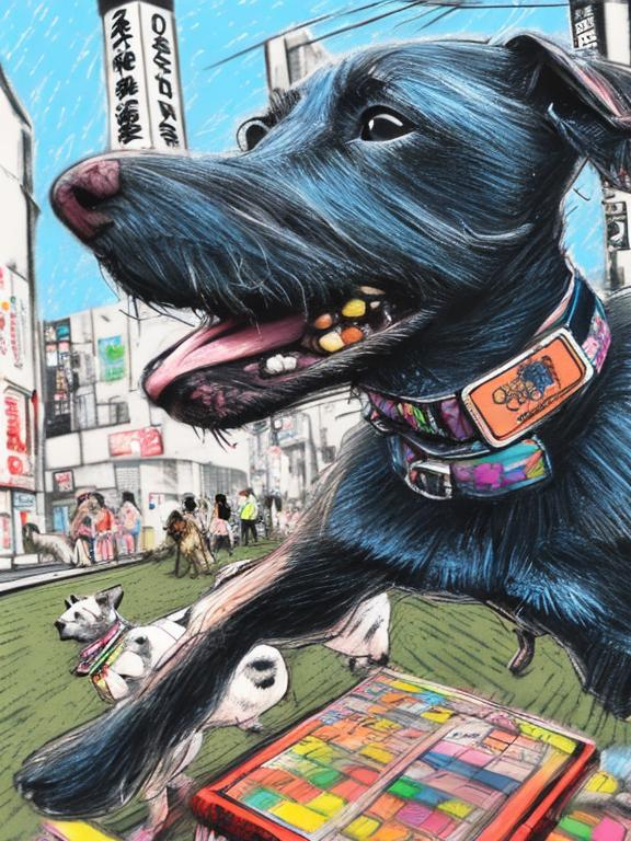 Prompt: pop art chalk pastel art of detailed dogs wearing clothes playing in the streets in japan during a festival, sketch, detailed background, highres, fun atmosphere, natural lighting,  abstract, fun