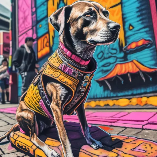 Prompt: a detailed grunge mountain cur dog in cyberpunk Japan festival, chalk pastel, natural lighting, highres, detailed streets, fun, cyberpunk, detailed fur, vibrant colors, lively atmosphere, street festival, urban setting, chalk pastel art, detailed background, Japan, pop art, festival vibes, sketch<mymodel>