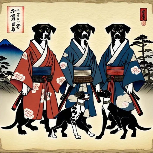 Prompt: black mountain cur dogs in hiroshige wearing samurai clothes