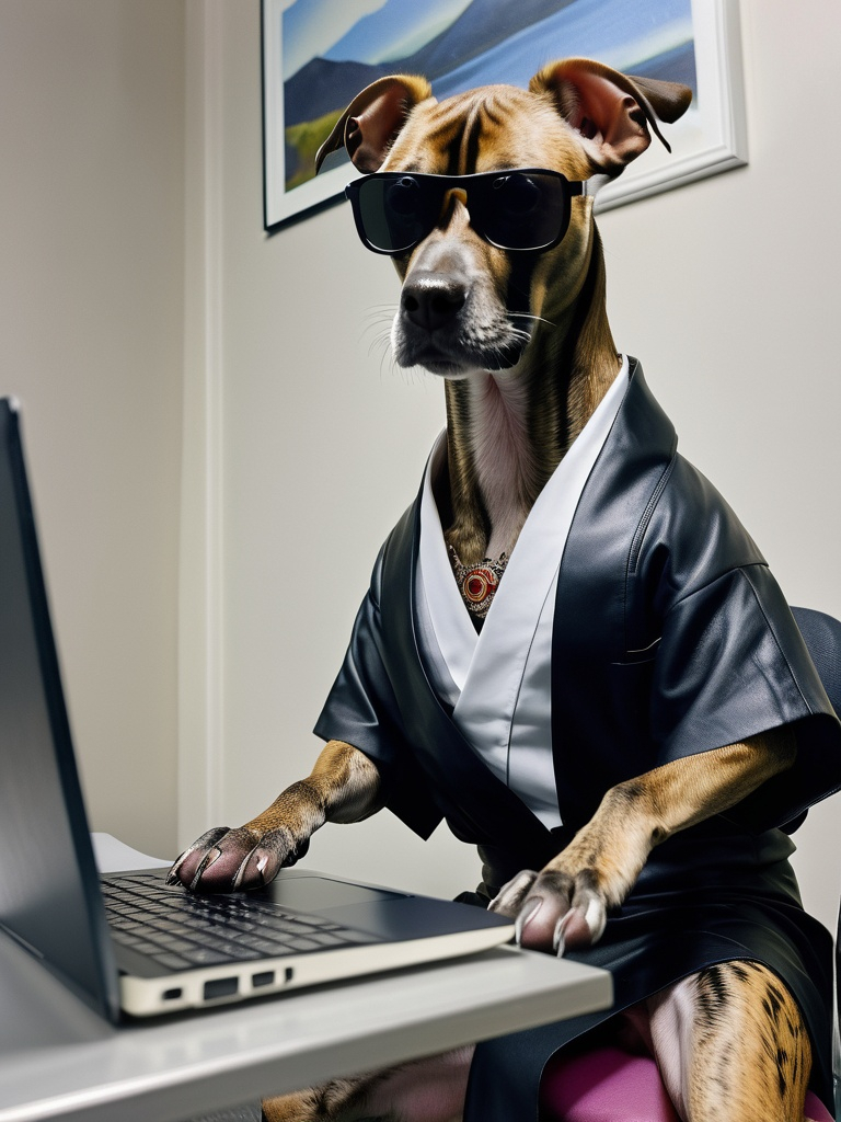 Prompt: all black mountain cur dog dressed as yakuza working on a laptop in an office hacking