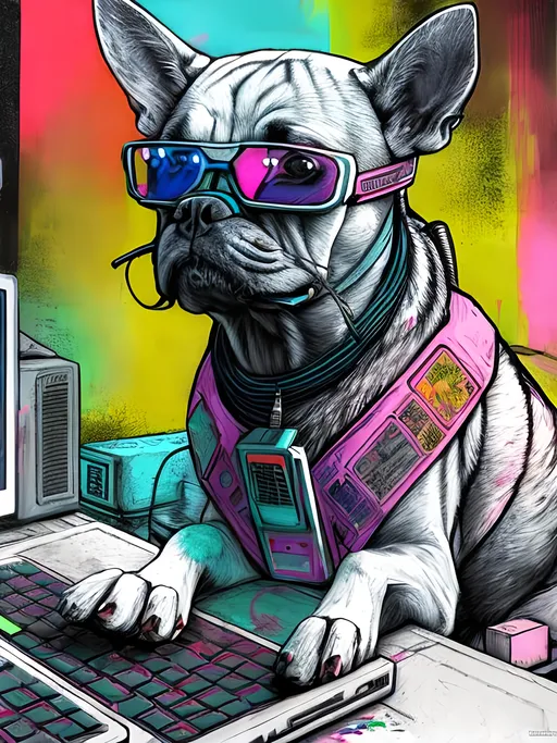 Prompt: pop art chalk pastel art of detailed dog hacking computers in cyberpunk japan, sketch, detailed background, highres, fun atmosphere, natural lighting,  abstract, fun