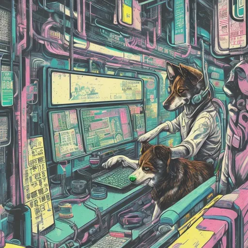 Prompt: pop art chalk pastel art of a detailed dog hacking a computer on the subway train in cyberpunk japan with planes in the background, sketch, detailed background, highres, fun atmosphere, natural lighting,  abstract, fun