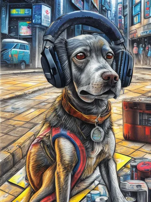 Prompt: pop art chalk pastel art of a detailed dog listening to music on the streets in post-apocalyptic Japan during a festival with planes in the background, sketch, detailed background, highres, fun atmosphere, natural lighting,  abstract, fun