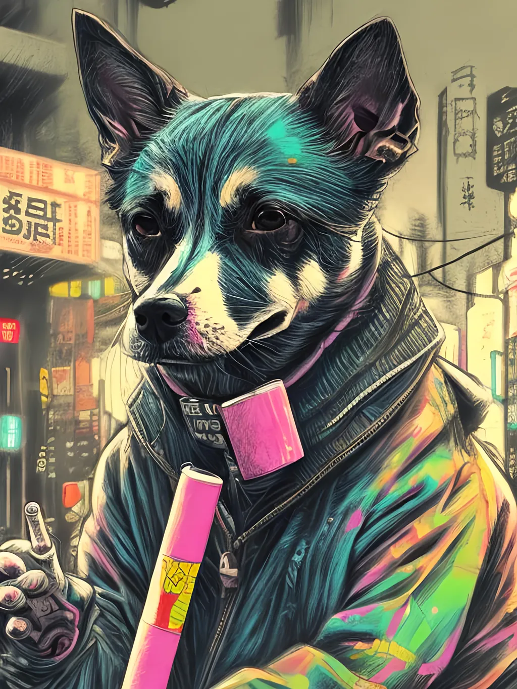 Prompt: pop art chalk pastel art of detailed dog smoking in cyberpunk japan during a festival, sketch, detailed background, highres, fun atmosphere, natural lighting,  abstract, fun