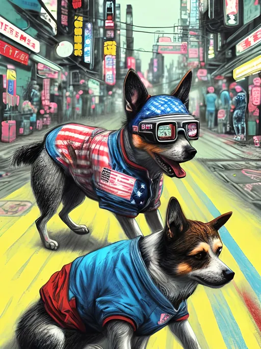 Prompt: pop art chalk pastel art of detailed dog wearing USA clothes playing in the streets in cyberpunk japan during a festival, sketch, detailed background, highres, fun atmosphere, natural lighting,  abstract, fun