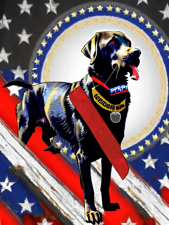 Prompt: Mountain cur black dog in pro trump clothing abstract art style