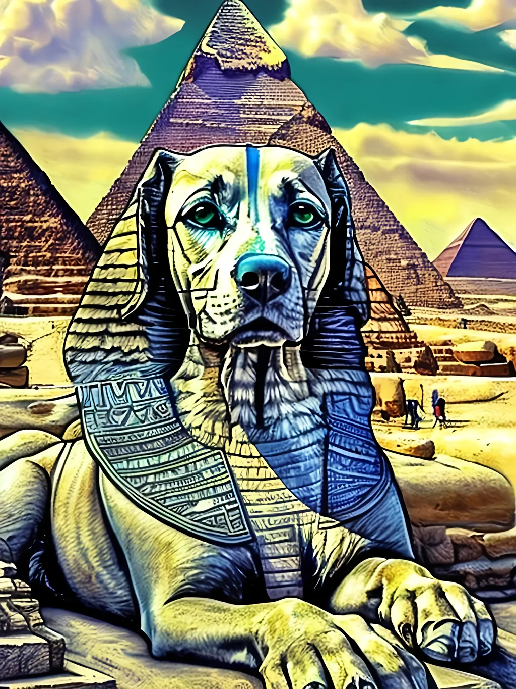 Prompt: pop art chalk pastel art of detailed dog as the sphinx in egypt, sketch, detailed background, highres, fun atmosphere, natural lighting,  abstract, fun