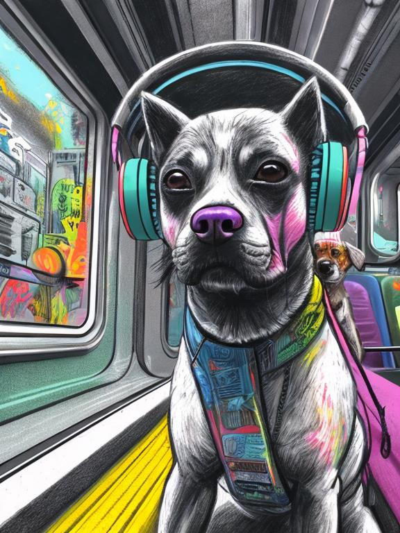 Prompt: pop art chalk pastel art of a detailed dog listening to music on the train in cyberpunk japan during a festival, sketch, detailed background, highres, fun atmosphere, natural lighting,  abstract, fun