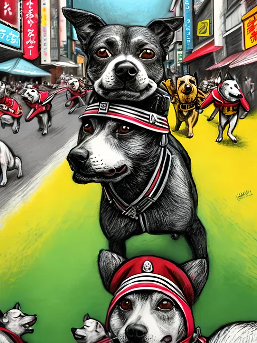 Prompt: pop art chalk pastel art of detailed dogs wearing nazi uniforms playing in the streets in japan during a festival, sketch, detailed background, highres, fun atmosphere, natural lighting,  abstract, fun