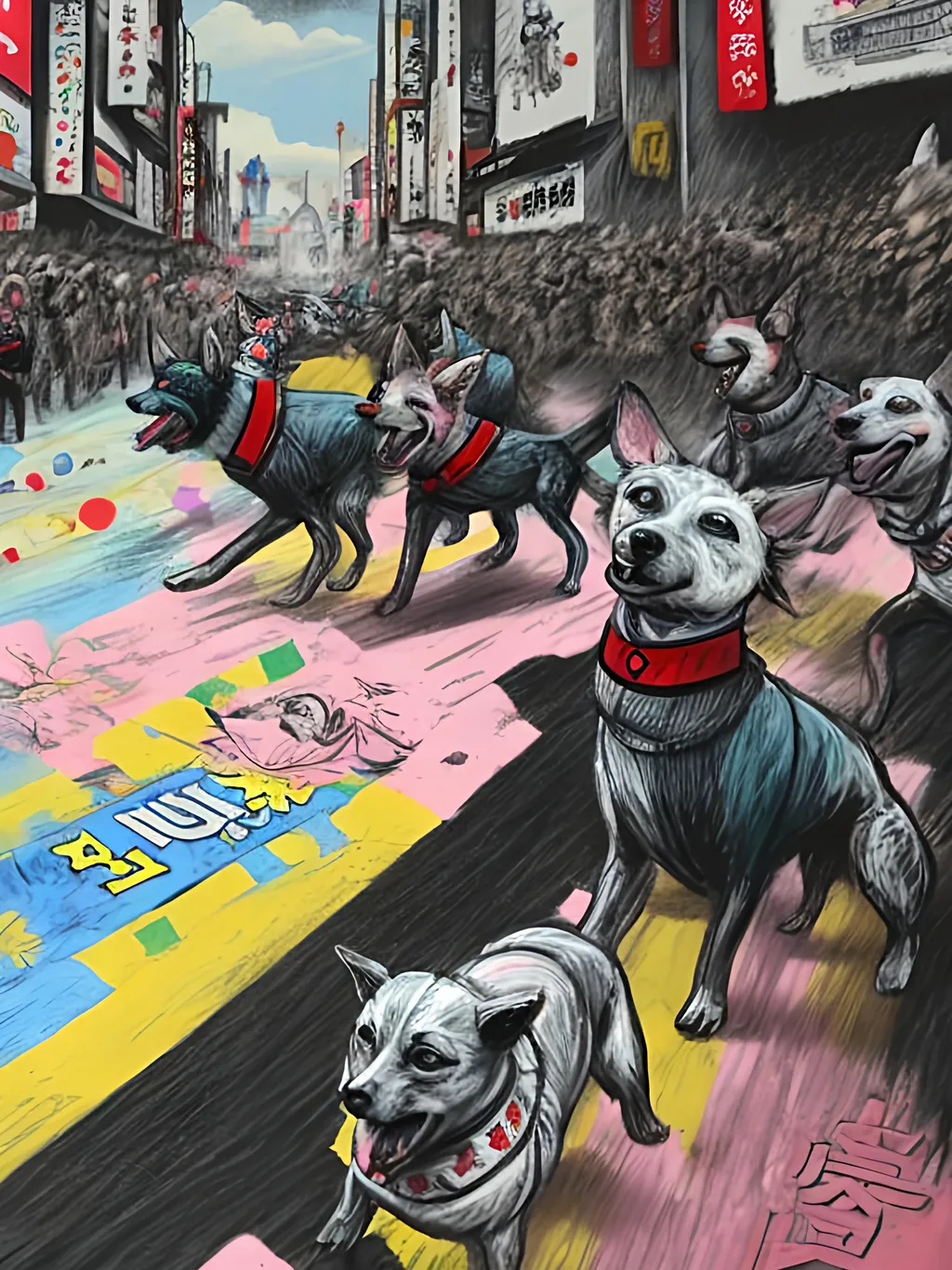 Prompt: pop art chalk pastel art of detailed dogs wearing nazi uniforms playing in the streets in japan during a festival, sketch, detailed background, highres, fun atmosphere, natural lighting,  abstract, fun