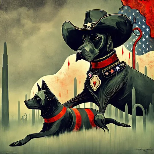 Prompt: Art Nouveau, surreal, abstract art of black dogs in patriotic soldier outfits, cowboy hat, in a battle field, high contrast, dreamlike, otherworldly, fun atmosphere, mysterious, professional art, abstract, vibrant colors, atmospheric lighting, USA, surreal style, vibrant, high-quality