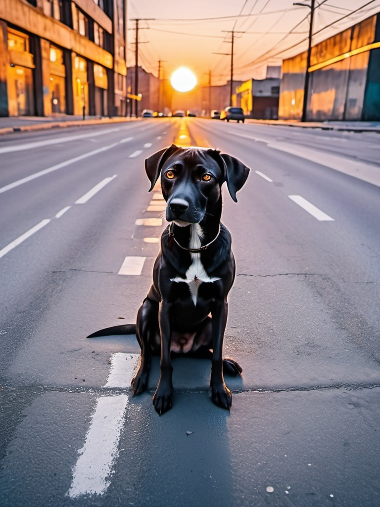 Prompt: mountain cur black dog in cyberpunk city with sun set