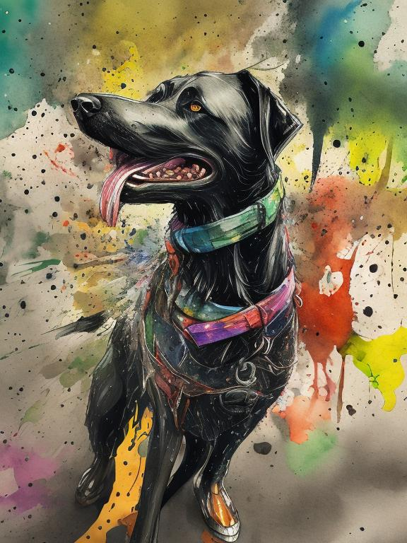 Prompt: a black dog wearing clothes having fun in the streets, water color, sketch, detailed background, highres, fun atmosphere, natural lighting