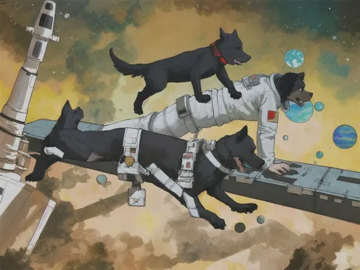 Prompt: abstract art, black dogs, in space, in astronaut outfit