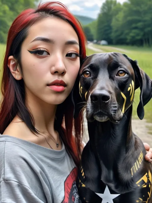 Prompt: mountain cur all black dog cyber punk ninja with half korean half redneck girl