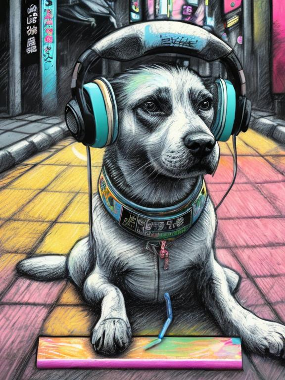 Prompt: pop art chalk pastel art of a detailed dog listening to music on the streets in cyberpunk japan during a festival, sketch, detailed background, highres, fun atmosphere, natural lighting,  abstract, fun