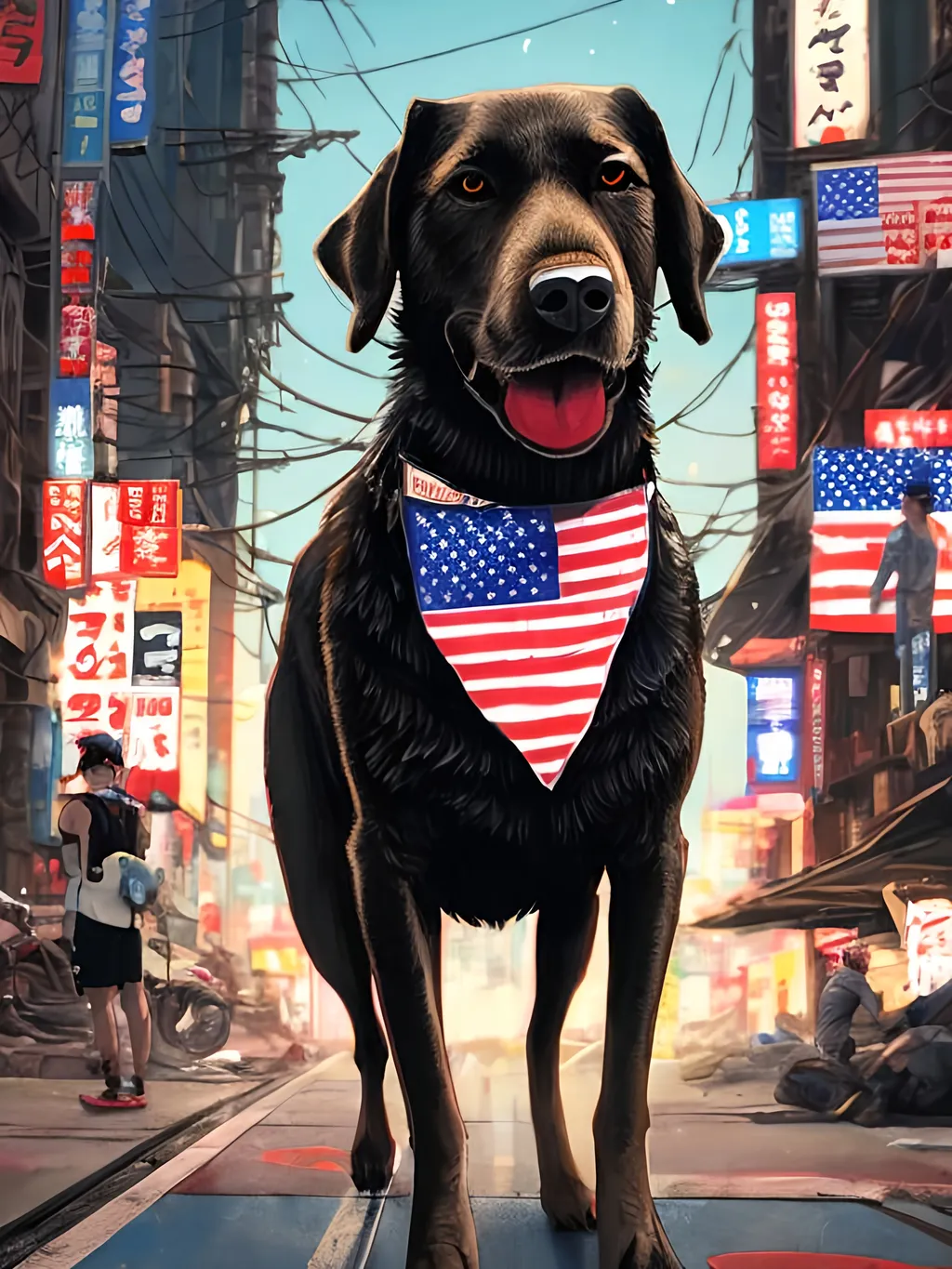 Prompt: a detailed mountain cur black dog wearing usa clothes at a city rally in cyberpunk japan, pop art chalk pastel, detailed background, high res, fun