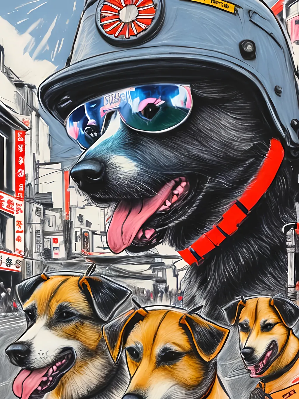 Prompt: pop art chalk pastel art of detailed dogs wearing pilot uniforms playing in the streets in japan during a festival, sketch, detailed background, highres, fun atmosphere, natural lighting,  abstract, fun