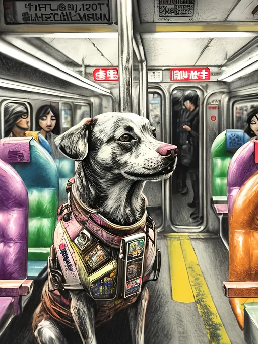 Prompt: pop art chalk pastel art of detailed dog on a train in cyberpunk japan during a festival, sketch, detailed background, highres, fun atmosphere, natural lighting,  abstract, fun
