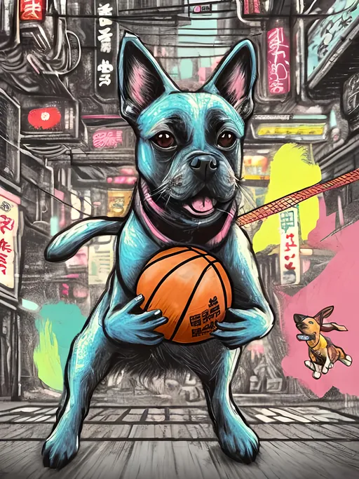 Prompt: pop art chalk pastel art of detailed dog playing basket ball game in cyberpunk japan, sketch, detailed background, highres, fun atmosphere, natural lighting,  abstract, fun